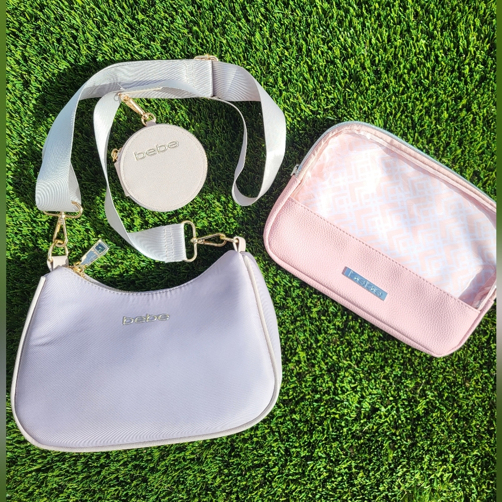 bebe Mara Nylon Crossbody Bag In Beige And bebe Cosmetic Bag In Dusty Rose